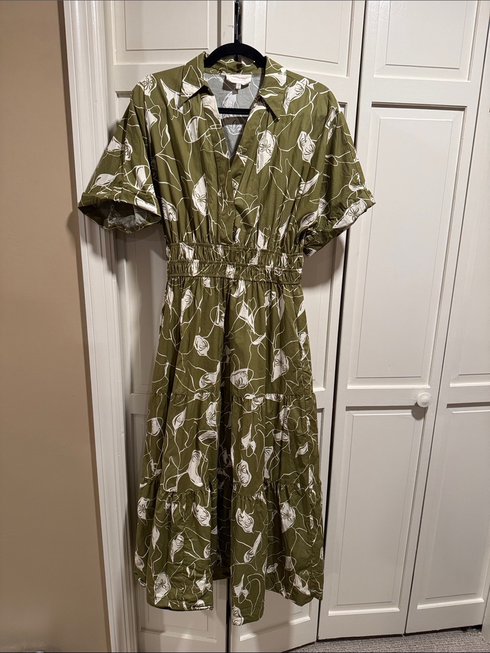MELLODAY Olive & White Floral Midi Shirt Dress